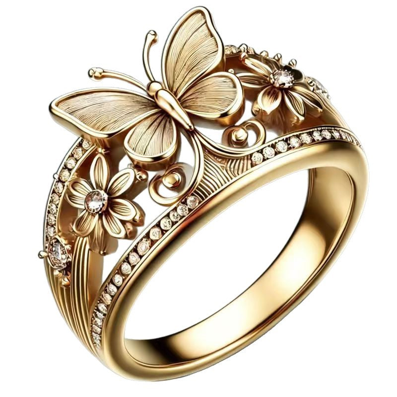 Vintage Butterfly Flower Statement Ring Elegant Inlaid Diamond Women Jewelry