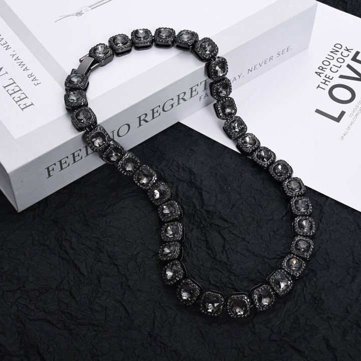 Black Cushion Cut Diamond Tennis Chain Hip Hop Statement Necklace Bracelet Set Iced Out Square Diamond Choker Trendy Streetwear Jewelry For Men