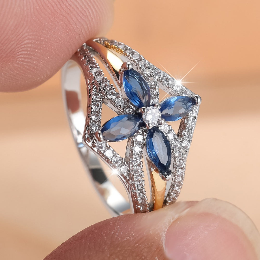 Blue Sapphire Marquise Crossover Ring Women Two Tone Diamond Geometric Statement Ring