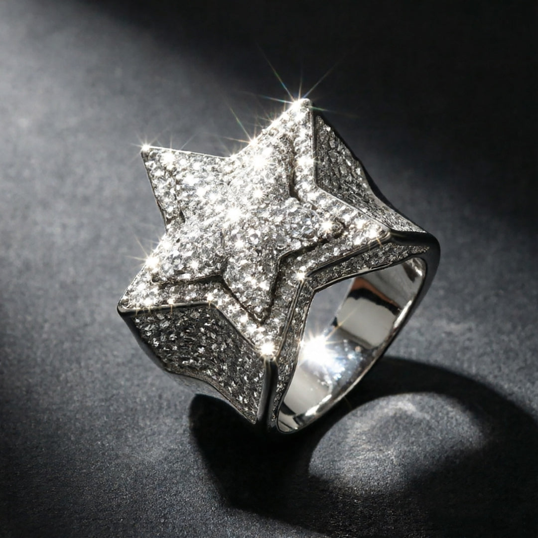 Paved Diamond 3D Star Ring For Men Hip Hop Personalized Fashion Finger Ring Luxury Premium Feel