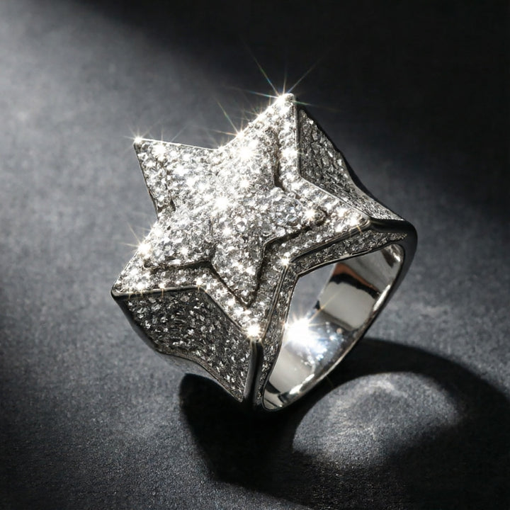 Paved Diamond 3D Star Ring For Men Hip Hop Personalized Fashion Finger Ring Luxury Premium Feel