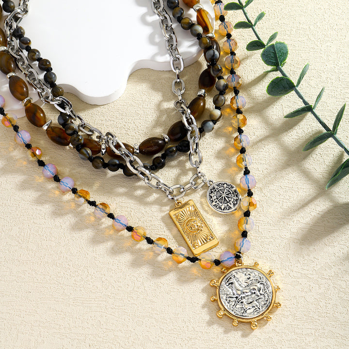 Layered Boho Coin Pendant Necklace Women Tiger Eye Crystal Silver Multistrand Jewelry Gift