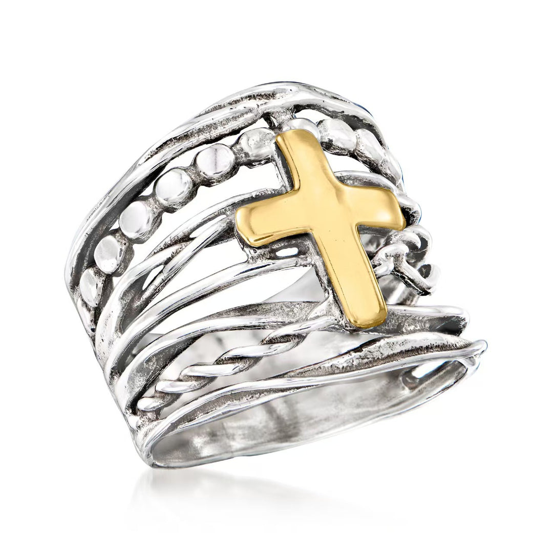 Cross Multi Band Wide Statement Ring Two Tone Layered Twisted Band Faith Religious Jewelry For Women Men