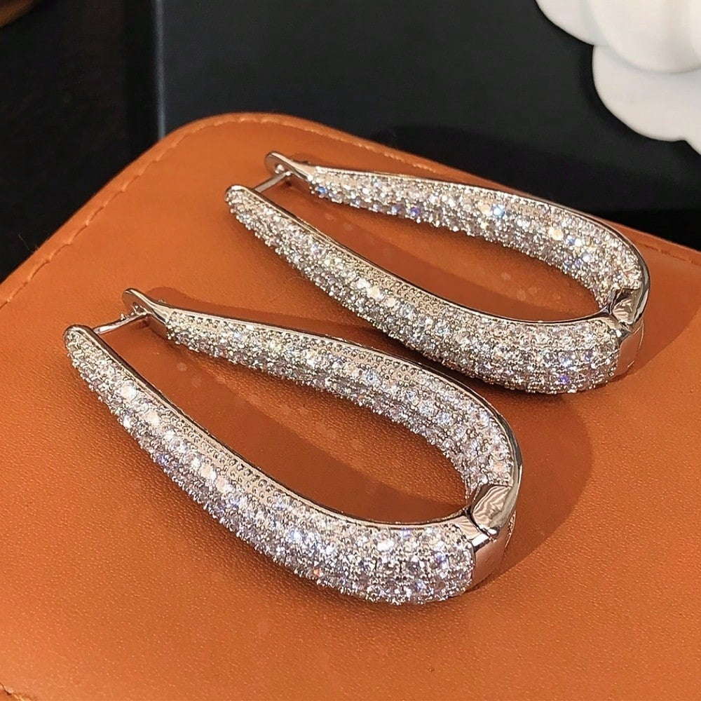 Pave Diamond V Shape Hoop Earrings Women Teardrop Huggie Earrings Silver Tone Wedding Party Jewelry