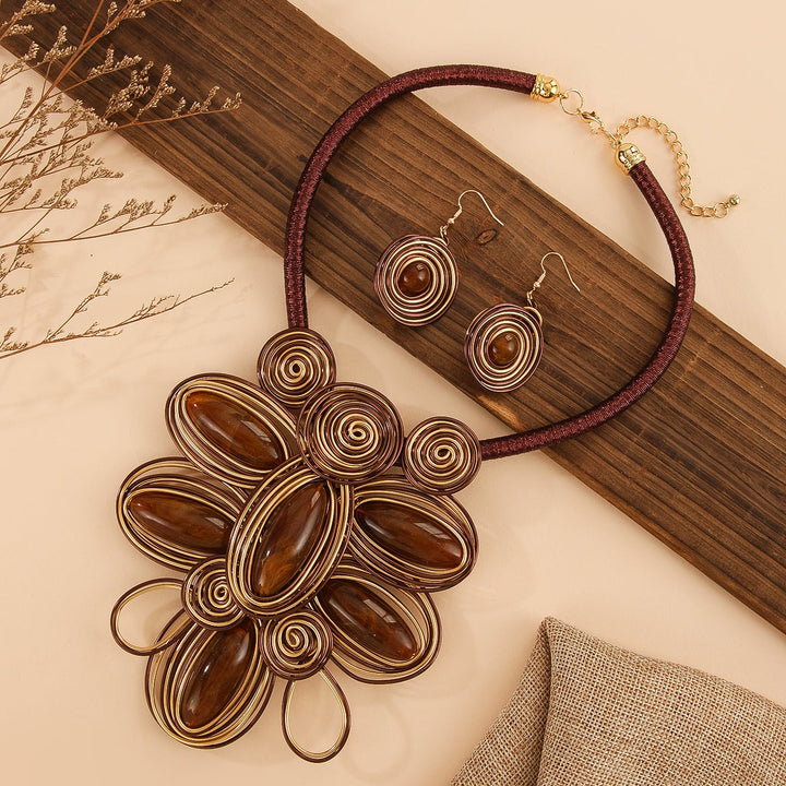 Vintage Wrapped Brown Gemstone Floral Necklace Earring Set Ethnic Heavy Craft Artistic Women Jewelry Set