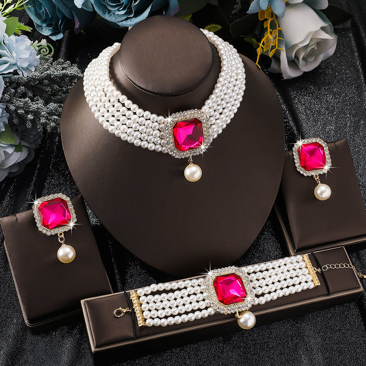 14K Gold Pearl Diamond Jewelry Set Multi‑Layer Pearl Choker Earrings Bracelet Three‑Piece Luxurious Colored Gemstone Ornaments