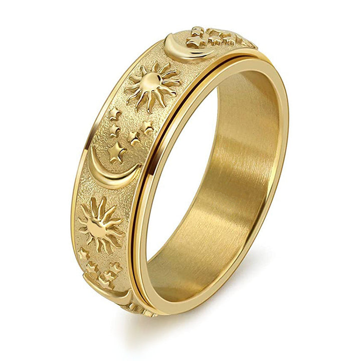 Sun Moon Star Rotatable Fidget Spinner Ring Titanium Steel Anxiety Band Ring With Ring Box