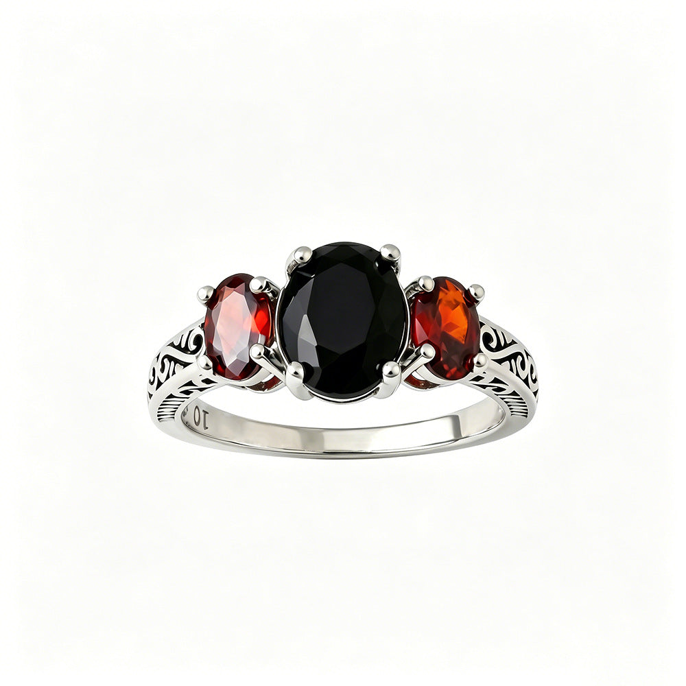 Vintage Scroll Pattern Three‑Stone Ring Cool Black Gemstone Red Gem Sterling Silver Statement Ring
