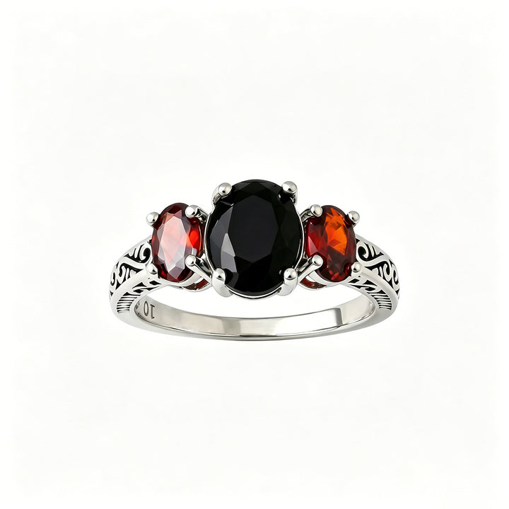 Vintage Scroll Pattern Three‑Stone Ring Cool Black Gemstone Red Gem Sterling Silver Statement Ring