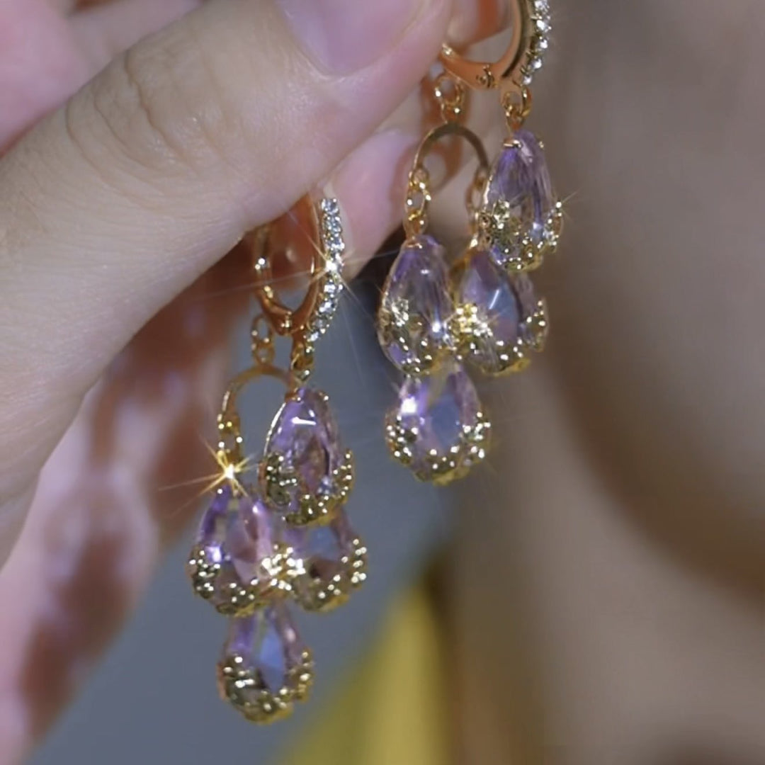 Purple Diamond Drop Earrings Women Gold Filigree Water Drop Luxury Jewelry Gift