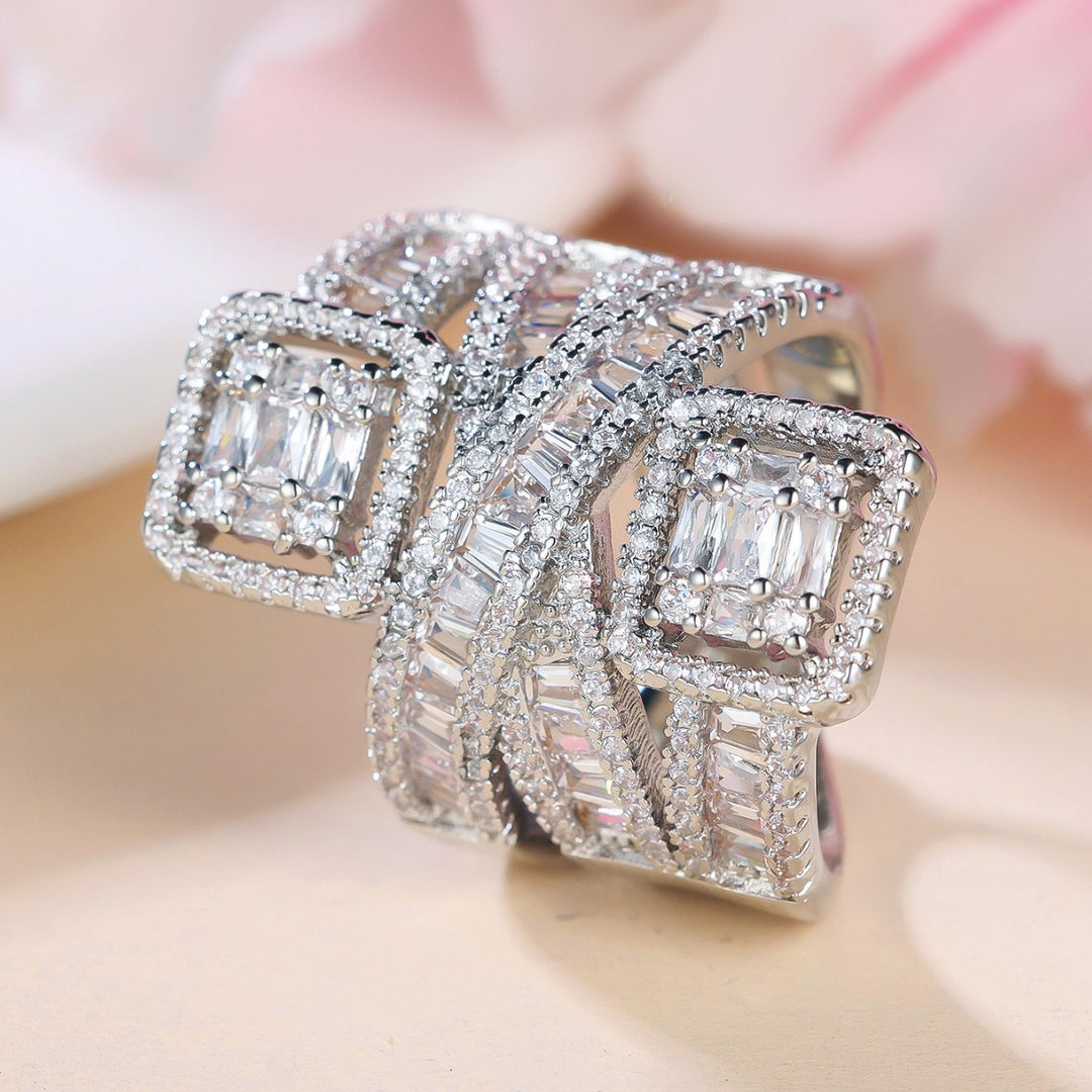 Dual‑Square‑Stone Intertwined Ring Heavy‑Set Full‑Paved Cross‑Design Band