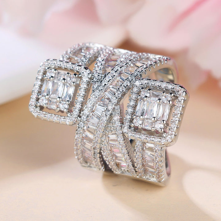 Dual‑Square‑Stone Intertwined Ring Heavy‑Set Full‑Paved Cross‑Design Band