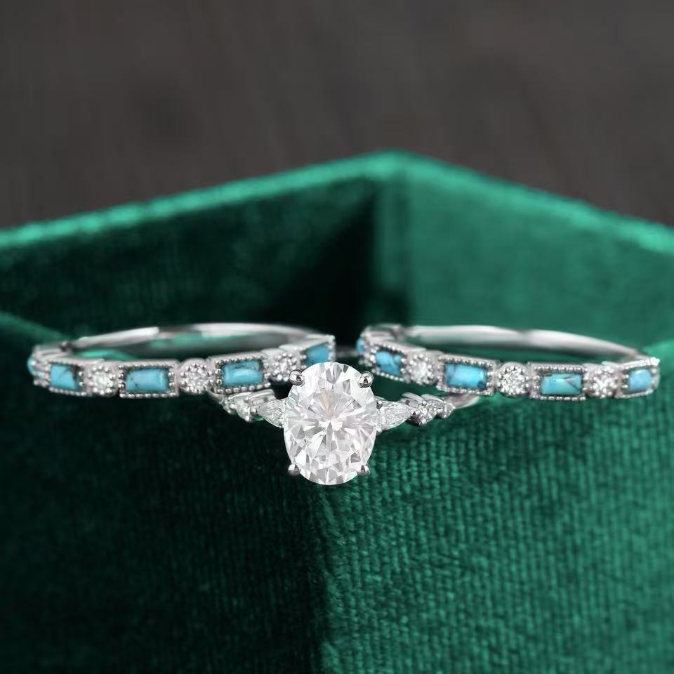 Oval Cut Diamond Turquoise Bridal Ring Set For Women Engagement Wedding Stackable Promise Jewelry