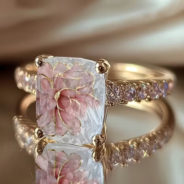 Pink Peony Inlay Cushion Diamond Ring Women Floral Leaf Gold Romantic Engagement Ring