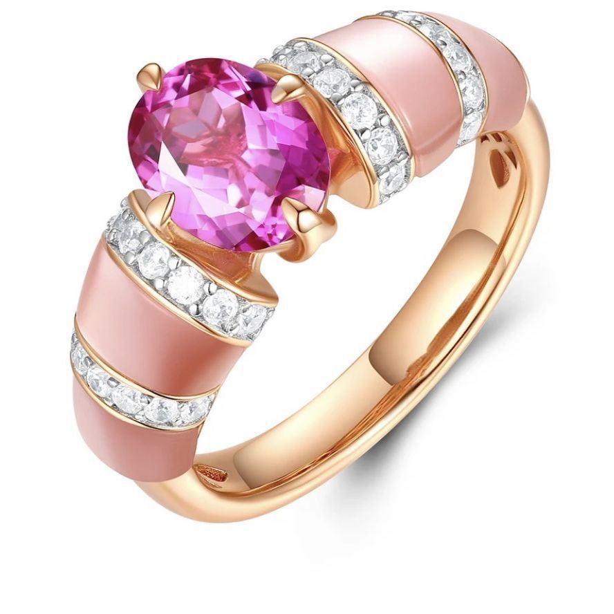 Oval Pink Purple Diamond Ring Women Rose Gold Enamel Floral Luxury Jewelry Gift
