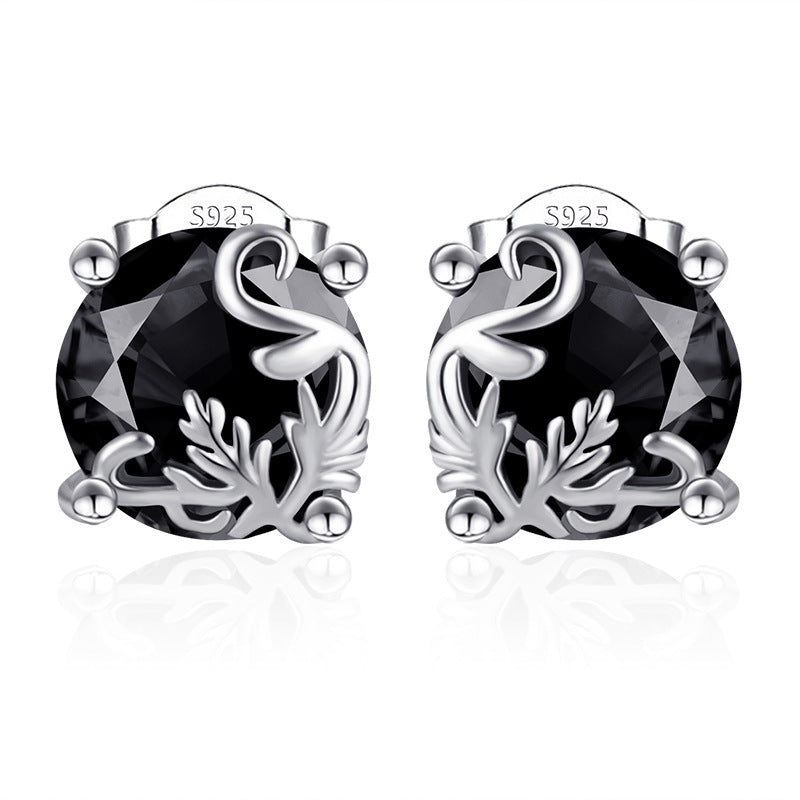 Black Obsidian Vintage Scroll Stud Earrings Women Round Stone Sterling Silver Earrings Gothic Jewelry