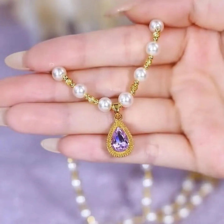 Teardrop Purple Gem Pearl Beaded Necklace Vintage‑Inspired Choker