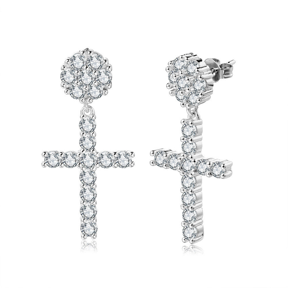 Paved Round Stone Cross Drop Earrings S925 Silver Post Luxury Women Diamond Earrings