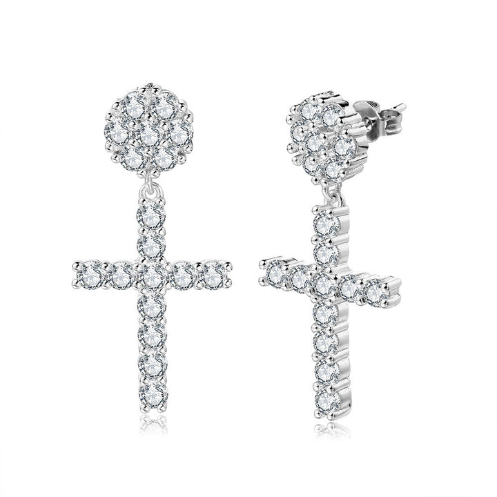 Paved Round Stone Cross Drop Earrings S925 Silver Post Luxury Women Diamond Earrings