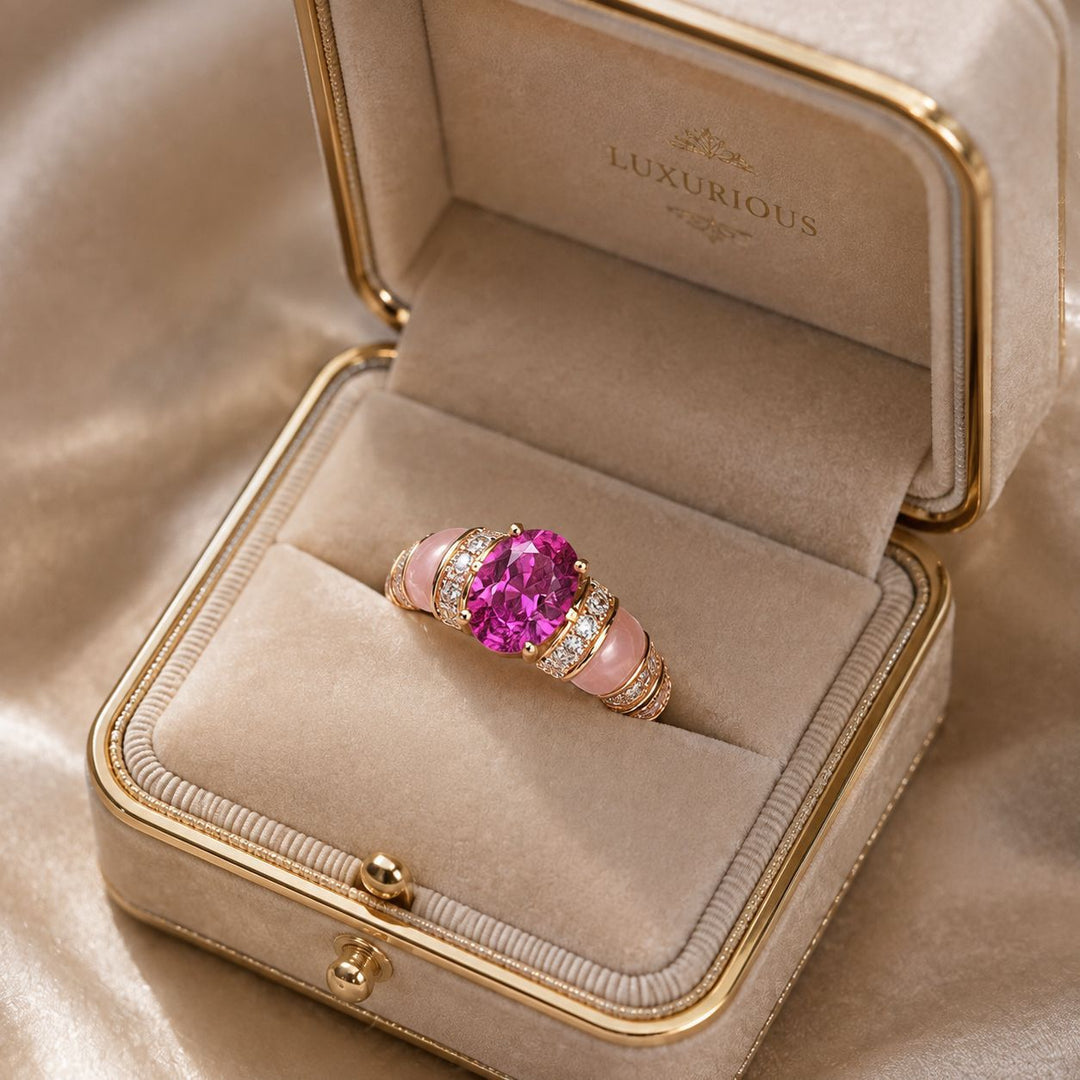 Oval Pink Purple Diamond Ring Women Rose Gold Enamel Floral Luxury Jewelry Gift