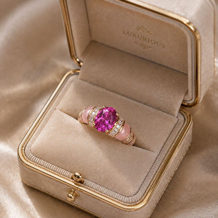 Oval Pink Purple Diamond Ring Women Rose Gold Enamel Floral Luxury Jewelry Gift