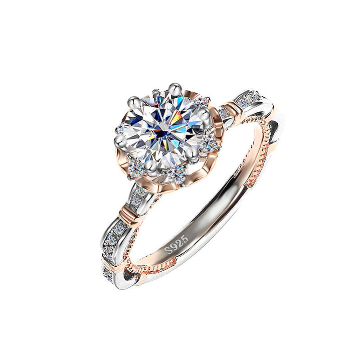 Round Diamond Floral Halo Engagement Ring Two Tone Vintage Lace Statement Bridal Promise Ring