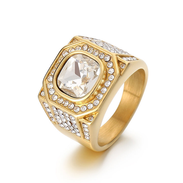 Wide Men’s Ring With Square Center Stone & Surrounding Diamonds Vintage Hip‑Hop Heavy‑Weight Band