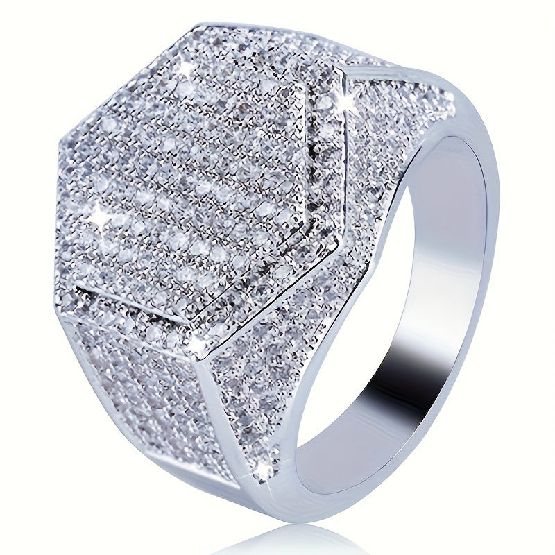 Hexagon Full‑Pave Diamond Wide Band Men Ring Hip‑Hop Heavy‑Set Shiny Diamond Ring