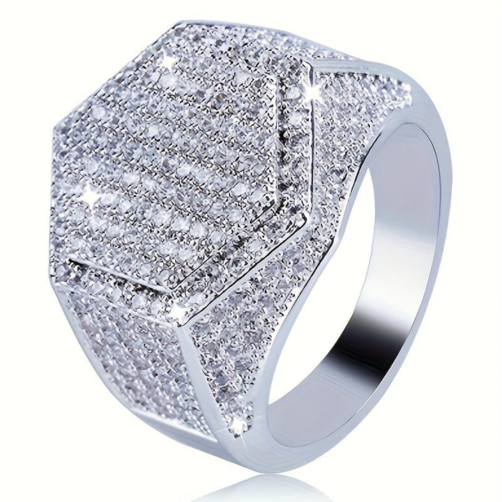 Hexagon Full‑Pave Diamond Wide Band Men Ring Hip‑Hop Heavy‑Set Shiny Diamond Ring