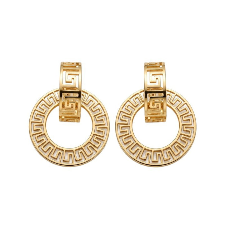 Greek Key Pattern Circle Drop Earrings Hollow Geometric Dangle Earrings Vintage Statement Hoop Earrings Retro Cutout Fashion Jewelry For Women Party Daily Styling