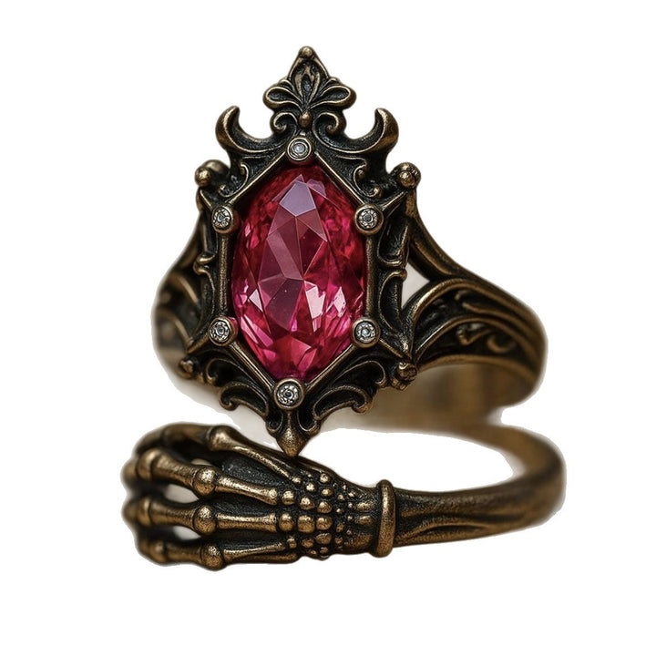 Gothic Vintage Pink Gem Skeleton‑Hand Ring Dark‑Aesthetic Carved Band