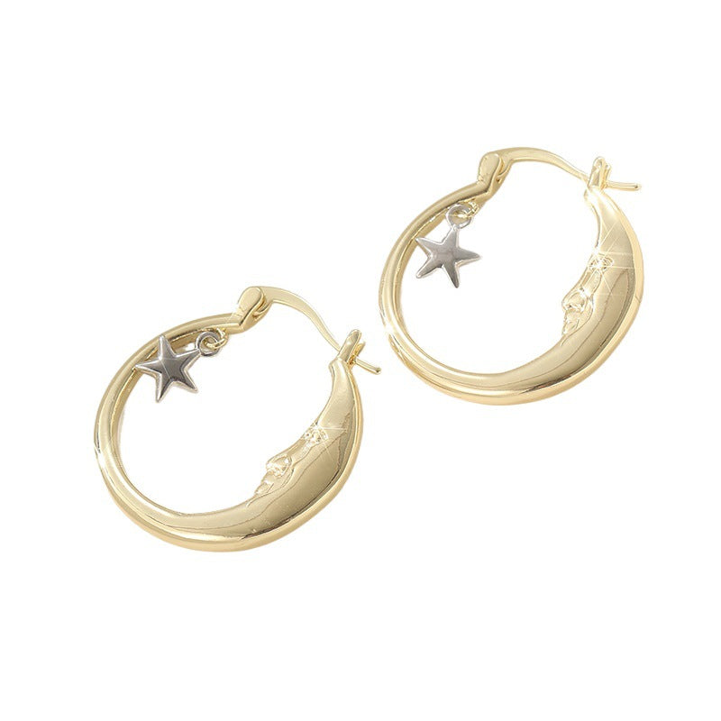 Moon Face Star Hoop Earrings Women Two Tone Crescent Celestial Statement Earrings