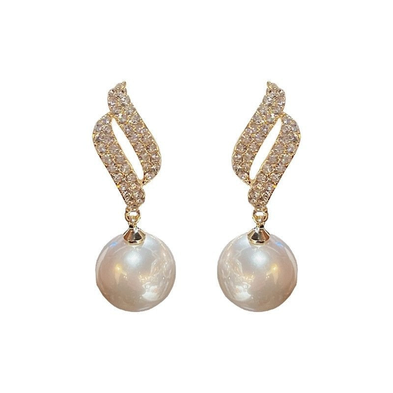 Twisted Ribbon Diamond Pearl Drop Earrings Sterling Silver Ear Pin 18K Gold Plated Elegant Statement Dangle Earrings For Women Wedding Banquet Jewelry