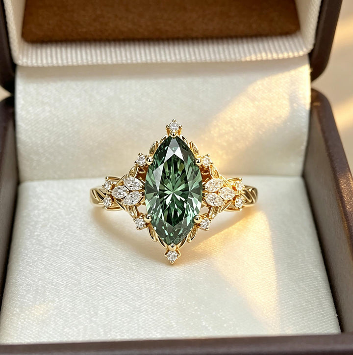 Marquise Cut Green Gem Ring Vintage Leaf Halo Ring Engagement Promise Ring Ornate Statement Fine Jewelry