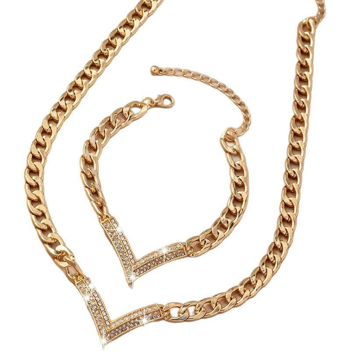 V Shape Rhinestone Statement Jewelry Set Chunky Curb Chain Necklace Bracelet Ring Stackable Trendy Women Fashion Jewelry
