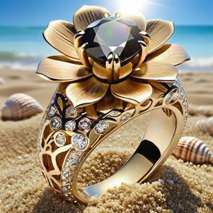 Black Obsidian Flower Ring Women Gold Openwork Carved Diamond Luxury Statement Jewelry