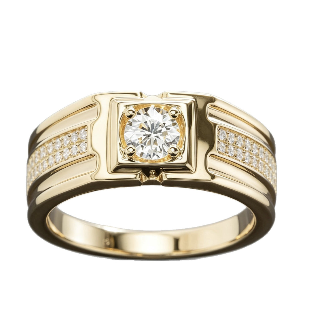 Men's Round Diamond Signet Ring 14K Gold Finish Wide Band Solitaire Engagement Wedding Ring for Him