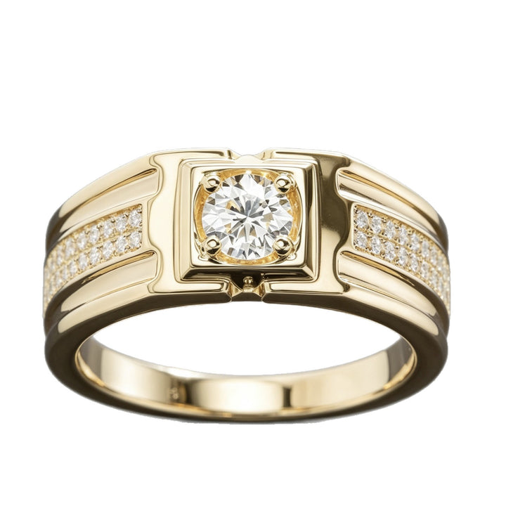 Men's Round Diamond Signet Ring 14K Gold Finish Wide Band Solitaire Engagement Wedding Ring for Him