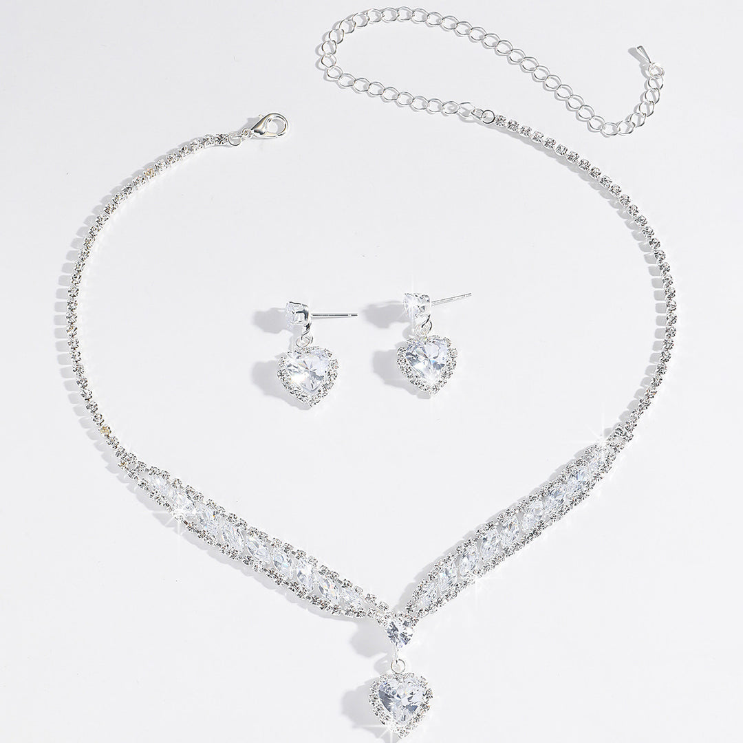 Heart Diamond Necklace Earring Jewelry Set Elegant V Shape Women Formal Jewelry Set