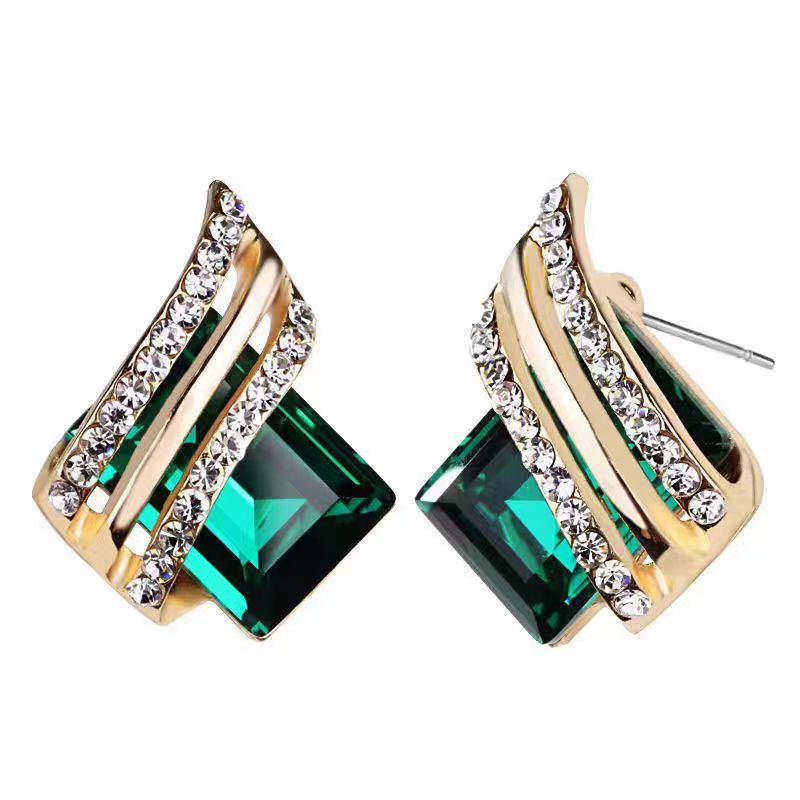 Emerald Square Stone Twist Band Stud Earrings Vintage Luxury Statement Jewelry For Women