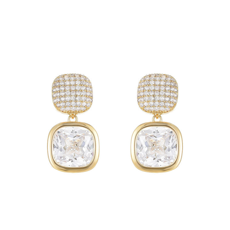 Cushion Cut Diamond Drop Earrings Women Pave Two Tier Square Gold Statement Earrings