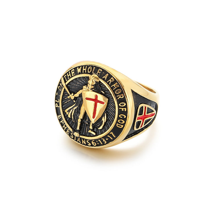 Knights Templar Armor Of God Signet Ring For Men Vintage Cross Engraved Titanium Steel Statement Ring