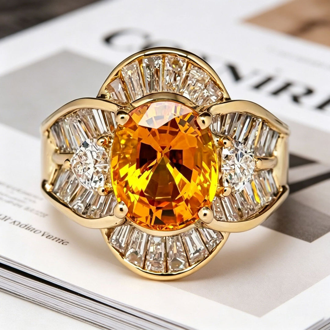 Oval Citrine Vintage Floral Women’s Ring Luxurious Halo‑Set Statement Ring