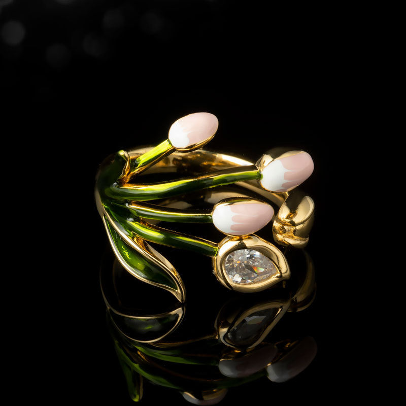 Enamel Tulip Flower Open Ring Women Green Stem Pink Bud Botanical Diamond Statement Ring