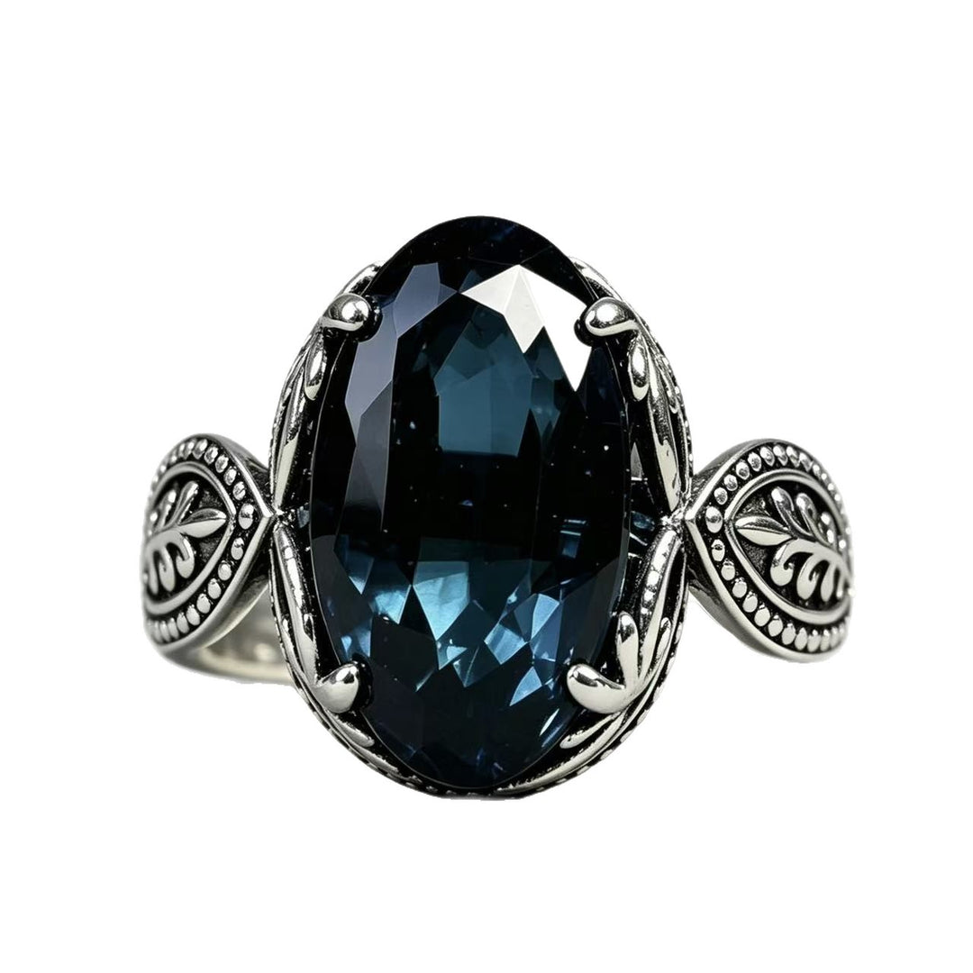 Blue Sapphire Oval Filigree Ring Women Vintage Leaf Art Nouveau Silver Cocktail Ring