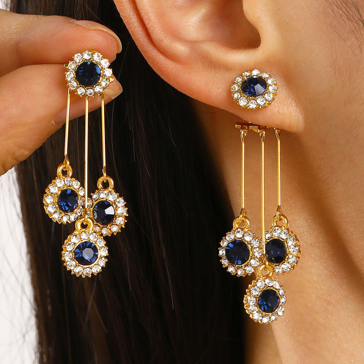 Vintage Blue Diamond Tassel Drop Earrings Women Long Halo Cluster Gold Royal Evening Earrings