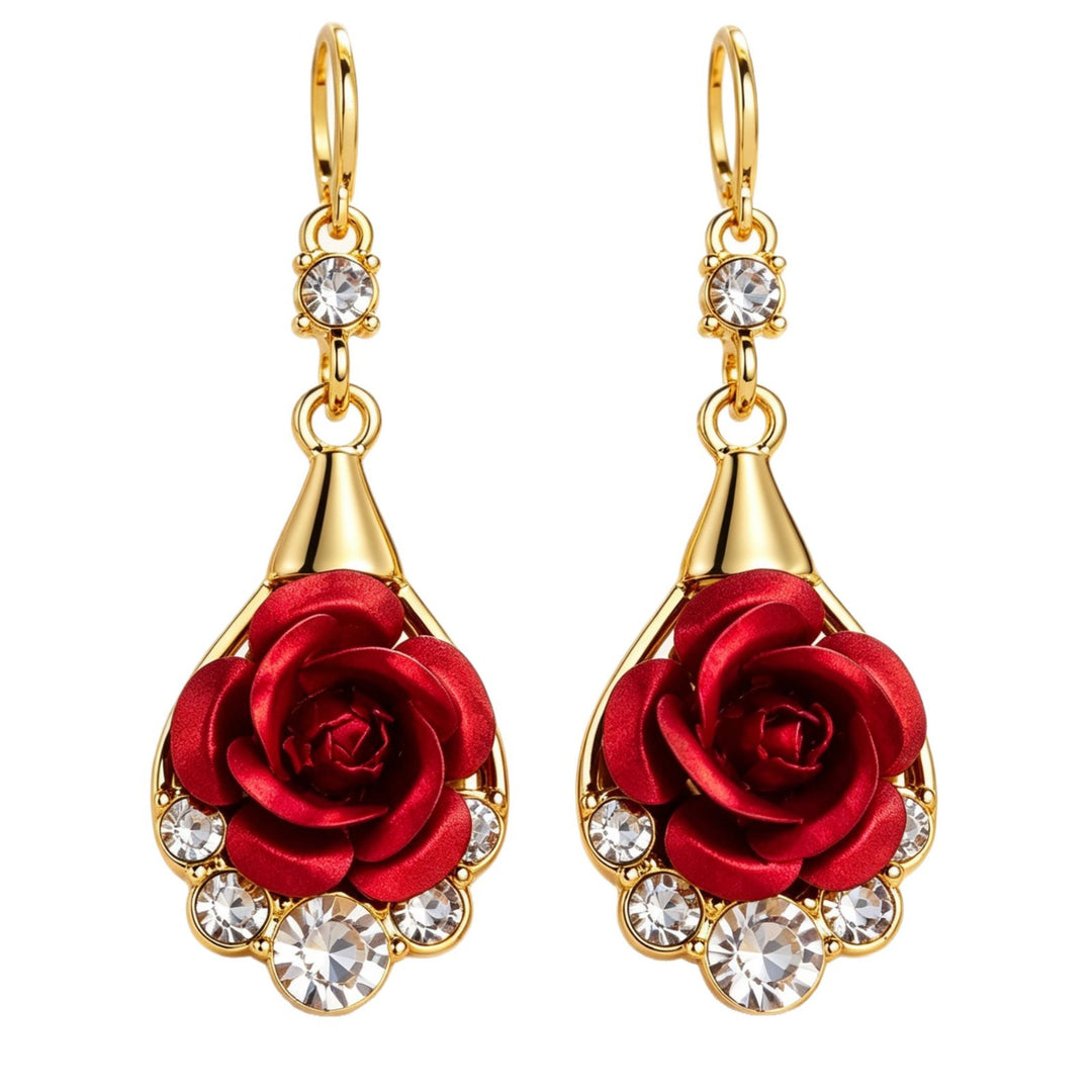 Hollow Teardrop Rose Diamond Dangle Hoop Earrings Vintage Elegant Long Earrings For Women