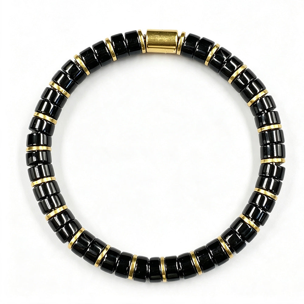 Luxury Tiger's Eye Cylinder Beaded Bracelet Gold Accent Unisex Stackable Fashion Jewelry