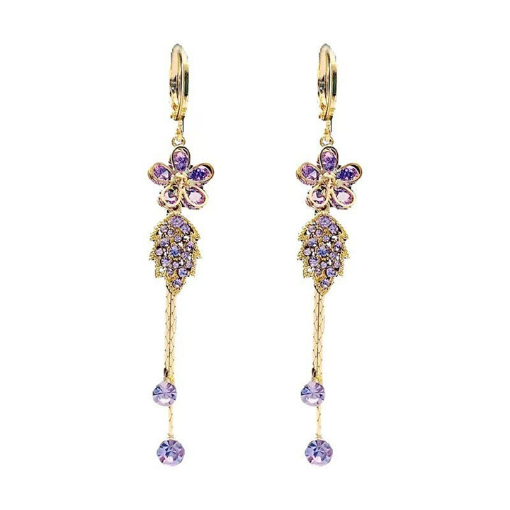 Purple Floral‑Leaf Tassel Long Drop Earrings Vintage Elegant Dangle Earrings