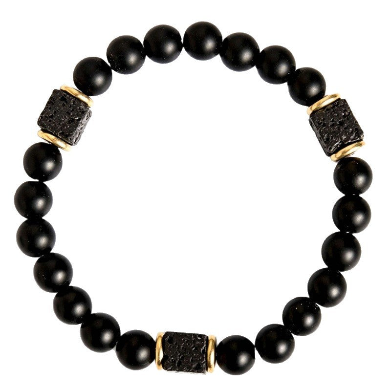 Men’s Elastic Bracelet With Obsidian Cube & Matte Black Onyx Beads Retro Contrast Spacer Bracelet